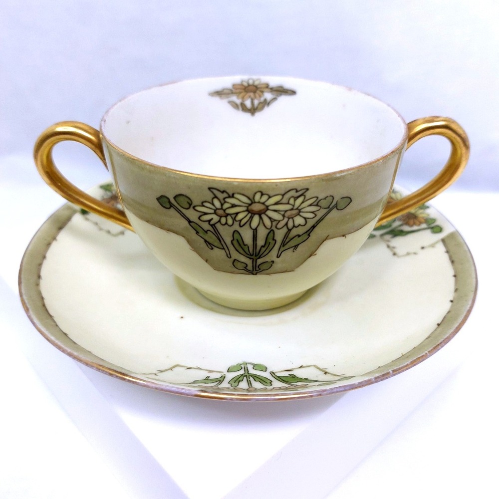 T & V LIMOGES 1917 Cream Soup Cup And Saucer‎ Gold Trim Daisies 2 Handle *Aged
